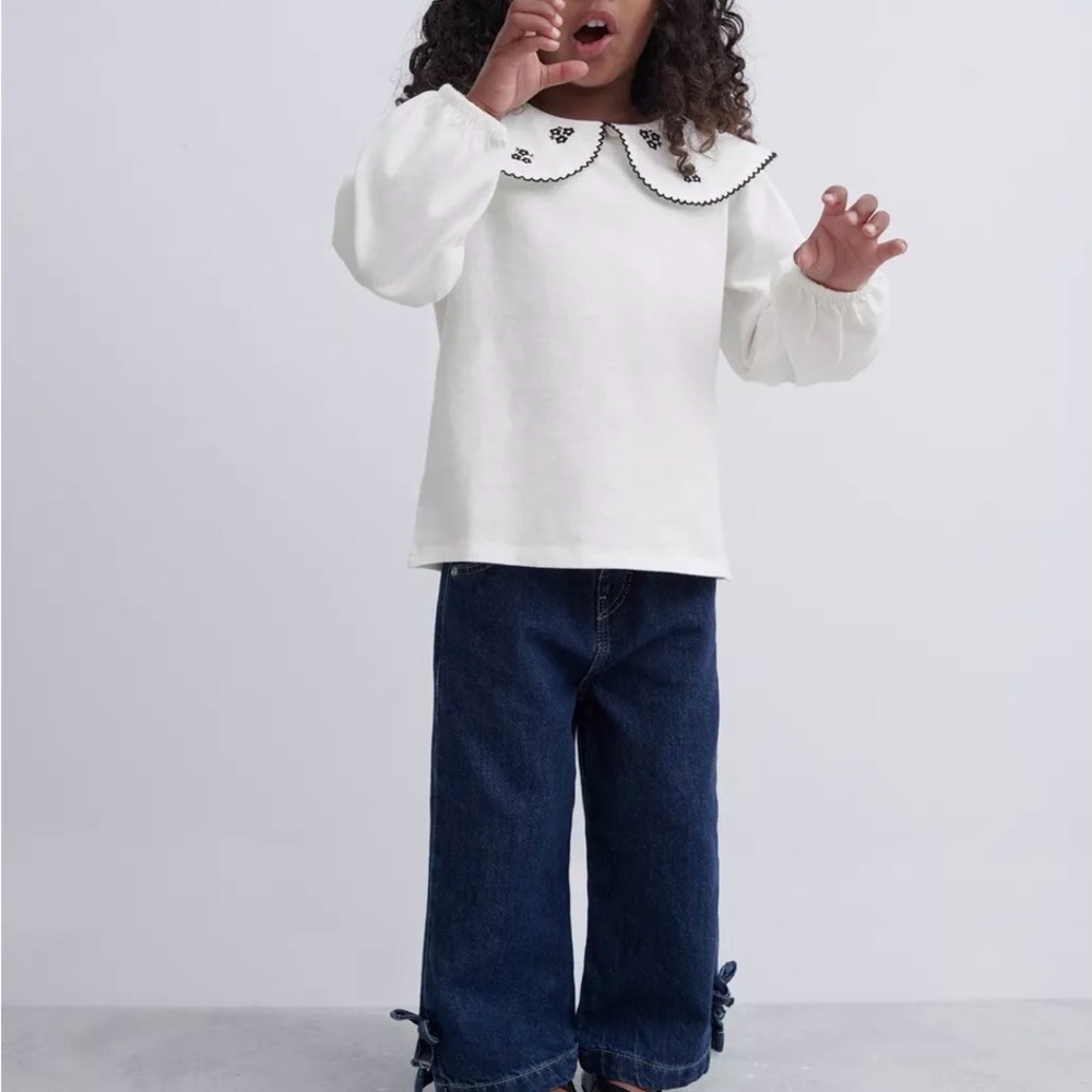 Zara White Long Sleeve Kids Shirt with Embroidered Collar